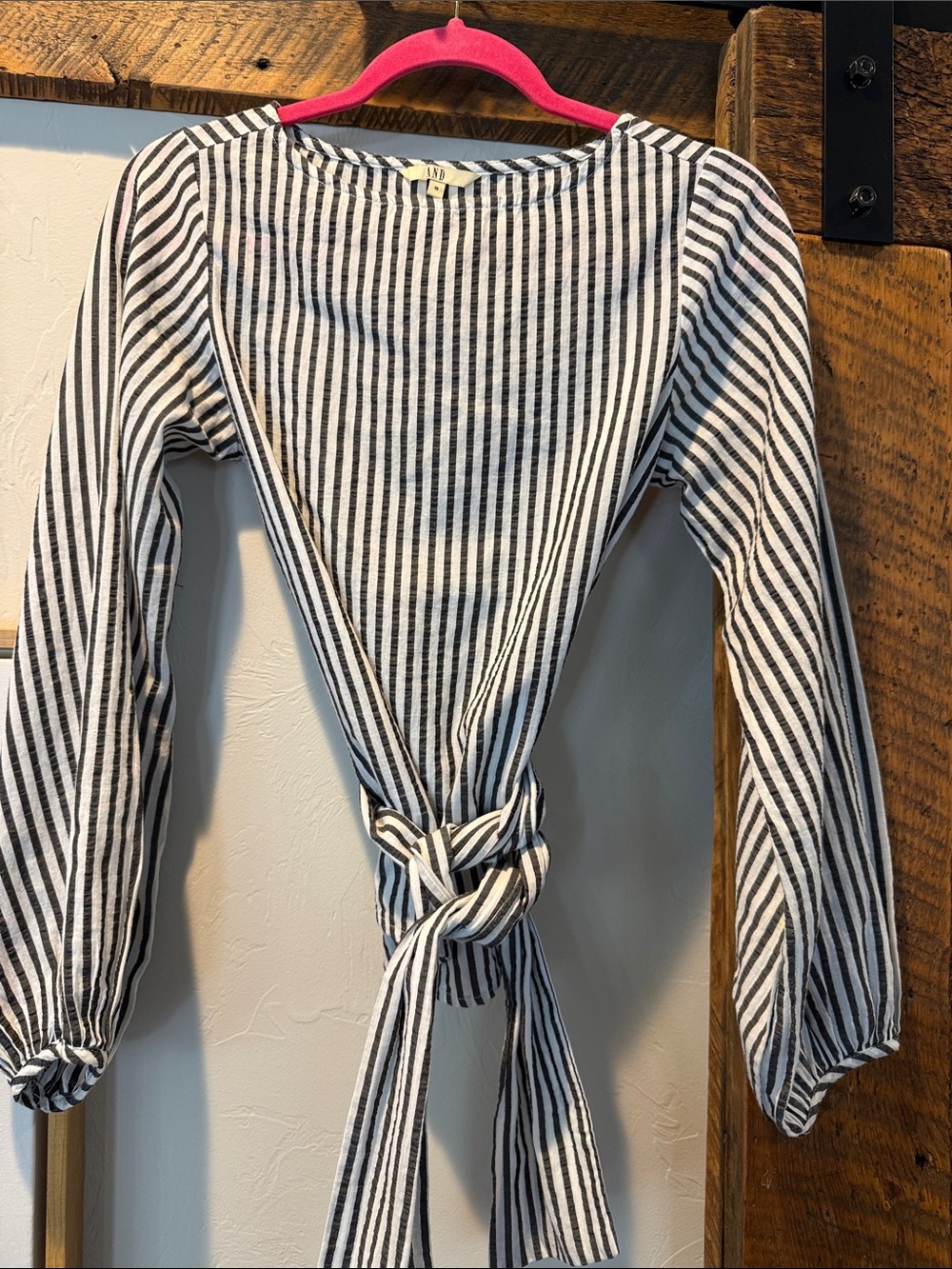 AND Black & White Striped Tie-Front Long Sleeve Blouse